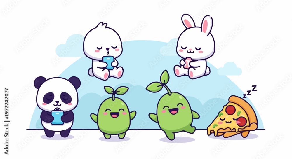 Obraz premium Adorable Cartoon Characters - Panda, Bunny, Dumpling, Sprouts, and Pizza.