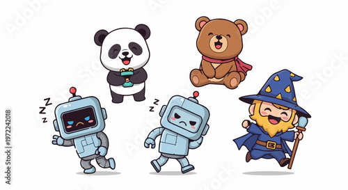 Adorable Cartoon Characters - Panda, Bear, Robots, and Wizard.