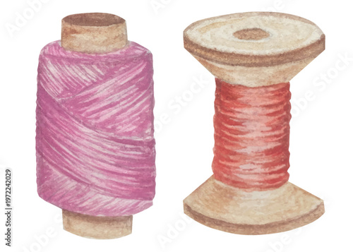 Hand drawn watercolor knitting and sewing elements set. A ball of yarn, crochet, thread, handcraft supplies, sewing, embroidering. Handmade and hobby supplies in blue, beige and pink colors. Vintage