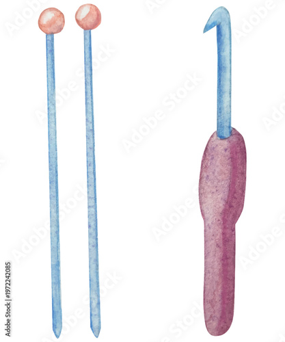 Hand drawn watercolor knitting and sewing elements set. A ball of yarn, crochet, thread, handcraft supplies, sewing, embroidering. Handmade and hobby supplies in blue, beige and pink colors. Vintage