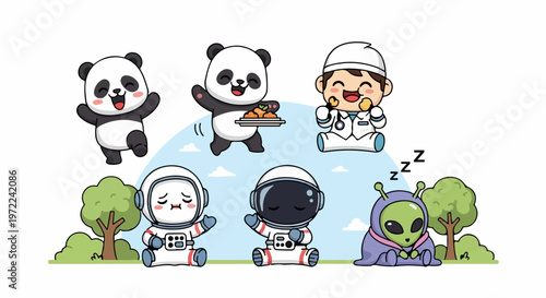 Adorable Cartoon Characters - Panda Bears, Astronauts, and Cute Alien Friends.