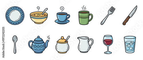 Collection of various kitchenware and tableware items in a charming cartoon style illustration for dining and cooking concepts.