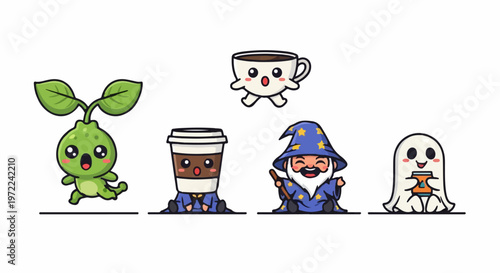 Adorable Cartoon Characters - Plant, Coffee, Wizard, Ghost, and Cup.