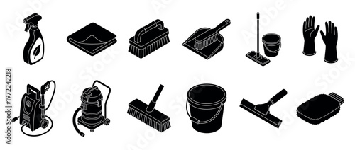 Cleaning tools and equipment set featuring various household and professional sanitation supplies for hygiene and maintenance tasks.