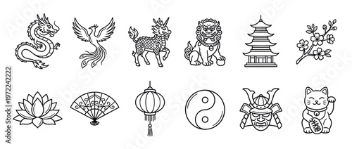 Collection of traditional Asian symbols and cultural icons, including mythical creatures, architecture, and decorative elements, presented in a clean line art style.