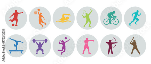 Collection of colorful sport icons representing various athletic activities and competitive games for health and fitness concepts.