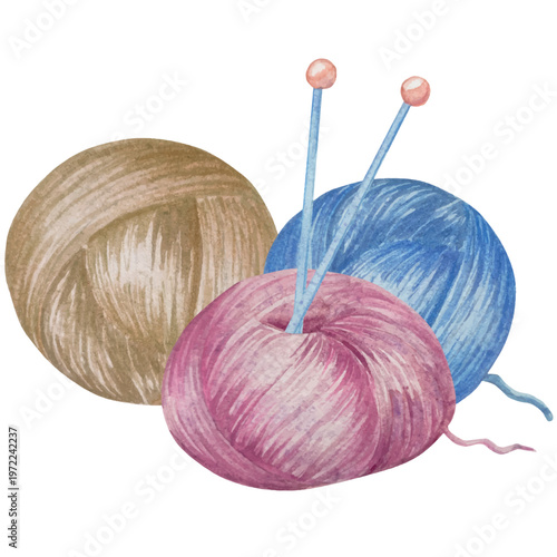 Hand drawn watercolor knitting and sewing elements set. A ball of yarn, crochet, thread, handcraft supplies, sewing, embroidering. Handmade and hobby supplies in blue, beige and pink colors. Vintage