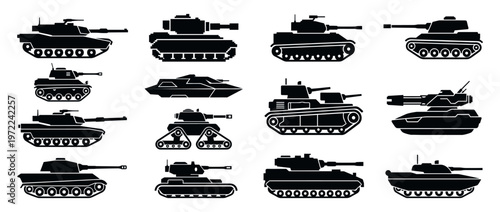 Collection of various tank icons representing armored warfare, army vehicles, and combat machinery in a vector illustration.