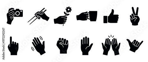 Human hand gestures symbols set with various actions and communication signs in black silhouette style.