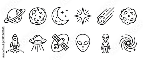 Space icons set featuring planets, stars, rockets, and aliens, representing celestial bodies and extraterrestrial life in a modern line art style.