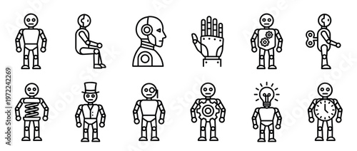 Robot icons set featuring various humanoid machines and artificial intelligence concepts in a modern line art style.