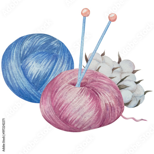 Hand drawn watercolor knitting and sewing elements set. A ball of yarn, crochet, thread, handcraft supplies, sewing, embroidering. Handmade and hobby supplies in blue, beige and pink colors. Vintage