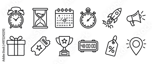 Collection of time, event, and promotion icons representing planning, deadlines, success, and marketing concepts in a modern line art style.