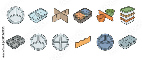 Food containers bento boxes dividers meal prep items for organized lunches and healthy eating habits.