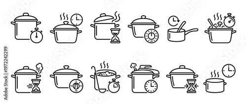 Cooking pots and timers line icon set illustrating food preparation, boiling, simmering, and various kitchen processes with different time measurements.