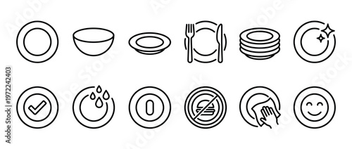 Plates, bowls, and dishware icons illustrating dining, cleaning, and food-related concepts in a modern line art style.