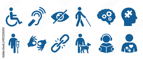 Collection of disability and accessibility icons symbolizing various physical, sensory, and cognitive impairments.