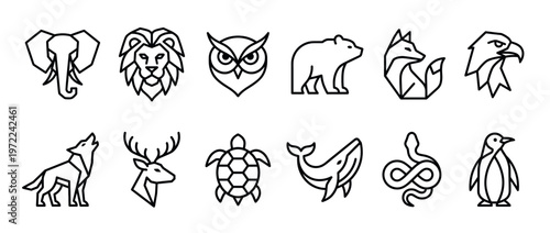 Minimalist animal icons collection showcasing a variety of wildlife creatures in a clean and modern line art style.