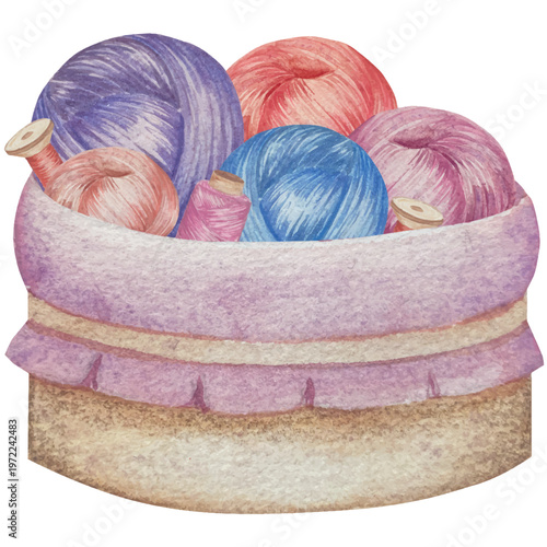 Hand drawn watercolor knitting and sewing elements set. A ball of yarn, crochet, thread, handcraft supplies, sewing, embroidering. Handmade and hobby supplies in blue, beige and pink colors. Vintage