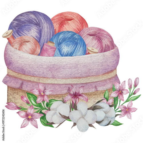Hand drawn watercolor knitting and sewing elements set. A ball of yarn, crochet, thread, handcraft supplies, sewing, embroidering. Handmade and hobby supplies in blue, beige and pink colors. Vintage