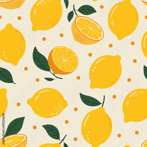 Bright Lemon Citrus Seamless Pattern with Yellow Fruits and Leaves Background