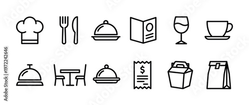 Food and dining icons set featuring chef hat, cutlery, menu, drinks, and takeout items for restaurant services.