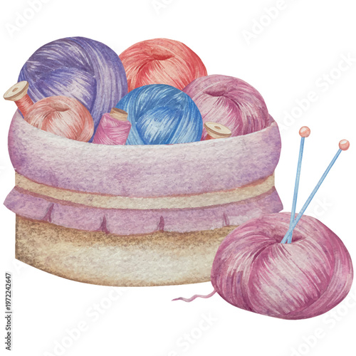 Hand drawn watercolor knitting and sewing elements set. A ball of yarn, crochet, thread, handcraft supplies, sewing, embroidering. Handmade and hobby supplies in blue, beige and pink colors. Vintage
