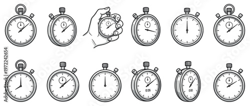 Stopwatches collection showing various angles and states of time measurement, including a hand holding one, illustrating concepts of precision and deadlines.