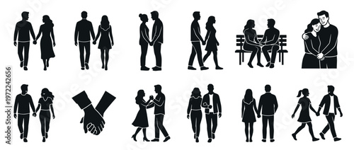 Romantic couples silhouettes set showing various affectionate interactions like walking, holding hands, dancing, and sitting together.