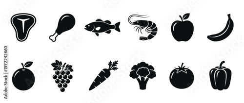 Food icons collection featuring various meat, seafood, fruit, and vegetable illustrations for healthy eating concepts and grocery designs.