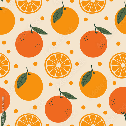 Bright Orange Citrus Seamless Pattern with Fresh Fruit Slices and Leaves Background
