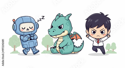 Adorable Cartoon Characters - Robot, Dragon, and Angry Businessman, Cute Illustration.