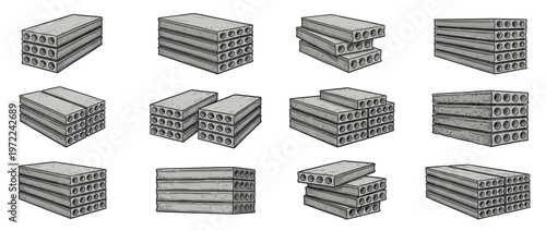 Hollow core concrete slabs stacked in various arrangements, hand-drawn illustration of construction materials for building projects.