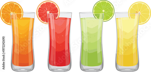 Colorful citrus drinks collection with orange grapefruit lime and lemon juices in glass cups refreshing summer beverage illustration set