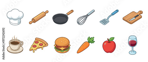 Collection of various kitchen tools and delicious food items presented as colorful cartoon illustrations for culinary concepts.