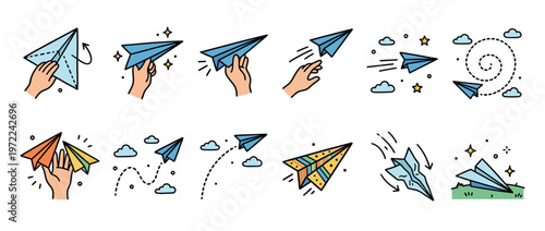 Paper airplanes being folded, launched, and flying through the sky, illustrating the journey and fun of this classic childhood toy.