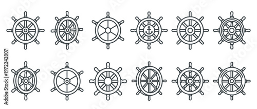 Collection of various ship steering wheel icons in a clean line art style, representing navigation and maritime adventure.