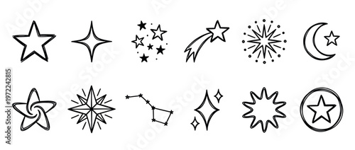 Hand-drawn doodle stars and celestial elements vector illustration set, perfect for cosmic designs and starry night themes.