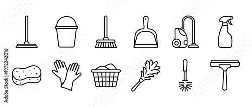 Household cleaning tools and supplies icons set in a neat outline style, representing various domestic chores and hygiene tasks.