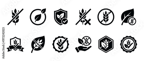Gluten-free organic natural food icons set with various symbols for healthy eating, dietary restrictions, and eco-friendly product labeling.