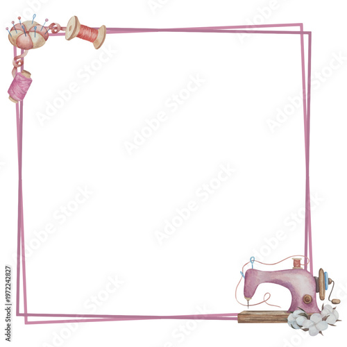 Hand drawn watercolor knitting and sewing elements set. A ball of yarn, crochet, thread, handcraft supplies, sewing, embroidering. Handmade and hobby supplies in blue, beige and pink colors. Vintage