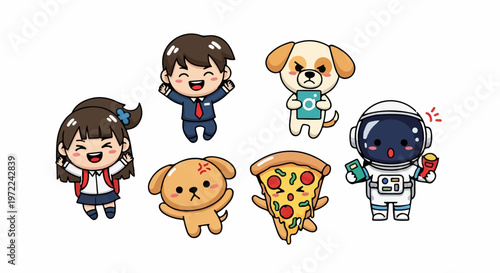 Adorable Cartoon Characters Smiling and Expressing Joyful Emotions in a Group.