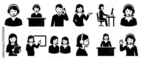 Customer service icons depicting call center agents, business professionals, and support staff engaged in various office tasks and communication.
