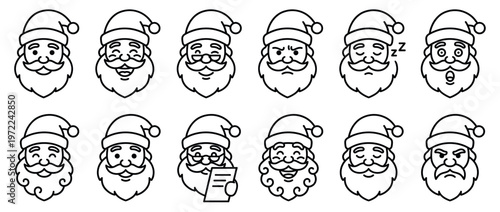 Collection of Santa Claus faces depicting various emotions and moods in a simple line art style, perfect for holiday designs.