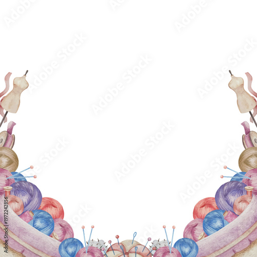 Hand drawn watercolor knitting and sewing elements set. A ball of yarn, crochet, thread, handcraft supplies, sewing, embroidering. Handmade and hobby supplies in blue, beige and pink colors. Vintage