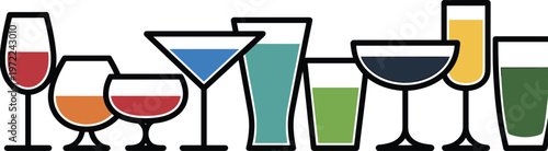 Assortment of Colorful Drink Glasses Filled with Various Liquids on White drinks cocktails