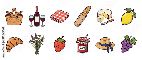 Collection of charming picnic items including a basket, wine, cheese, baguette, and fresh fruits, perfect for an outdoor summer gathering.