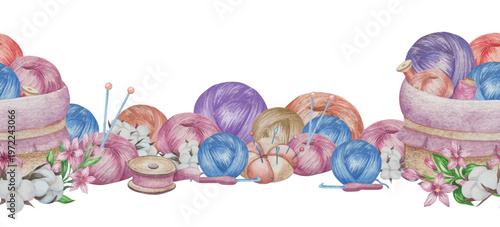 Hand drawn watercolor knitting and sewing elements set. A ball of yarn, crochet, thread, handcraft supplies, sewing, embroidering. Handmade and hobby supplies in blue, beige and pink colors. Vintage