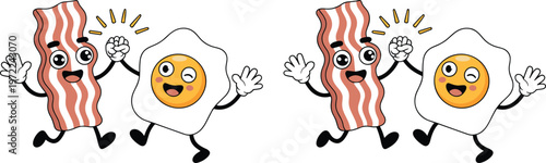 Cartoon bacon and fried egg characters high-fiving and running food