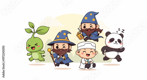 Adorable Cartoon Characters - Wizard, Panda, and Magical Creatures.